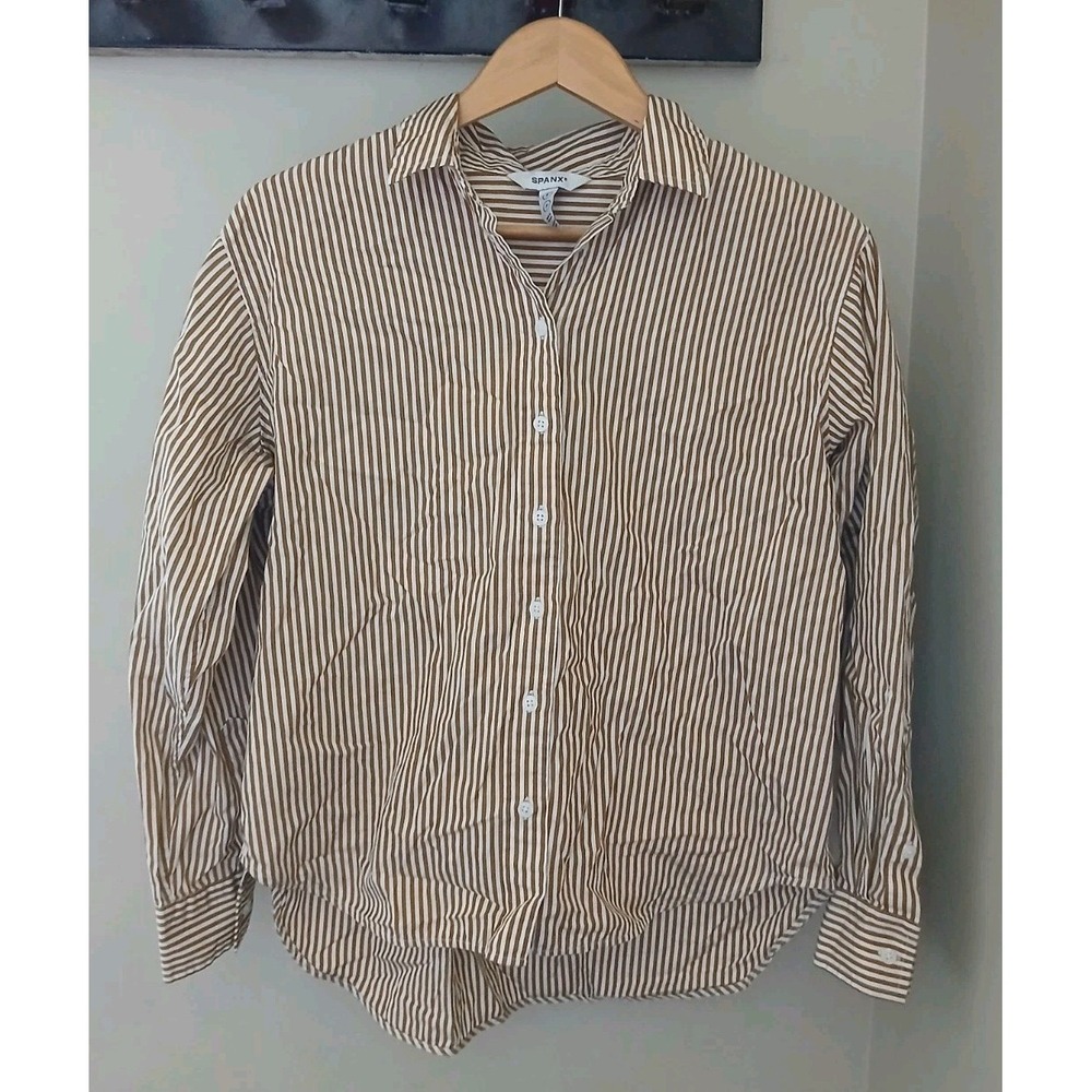 SPANX Oversized Button up Poplin Shirt Size Small Striped Cotton Preppy Work